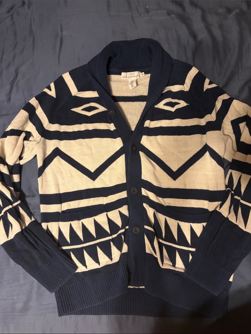 H&M Navy and Cream Geometric Shawl-Collar Cardigan